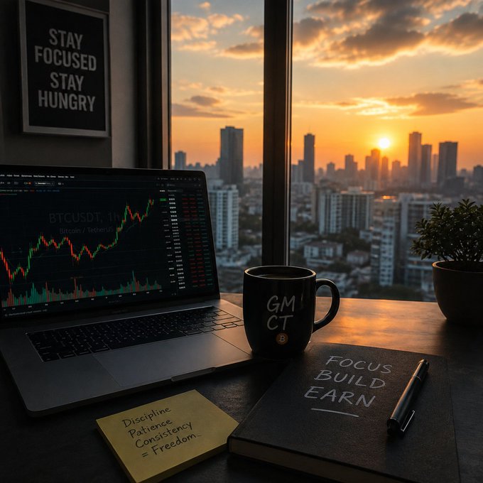 A trading workspace setup featuring a laptop displaying BTC/USDT chart, a "GM CT" mug, a notebook reading "FOCUS BUILD EARN," and motivational notes against a sunset cityscape backdrop.