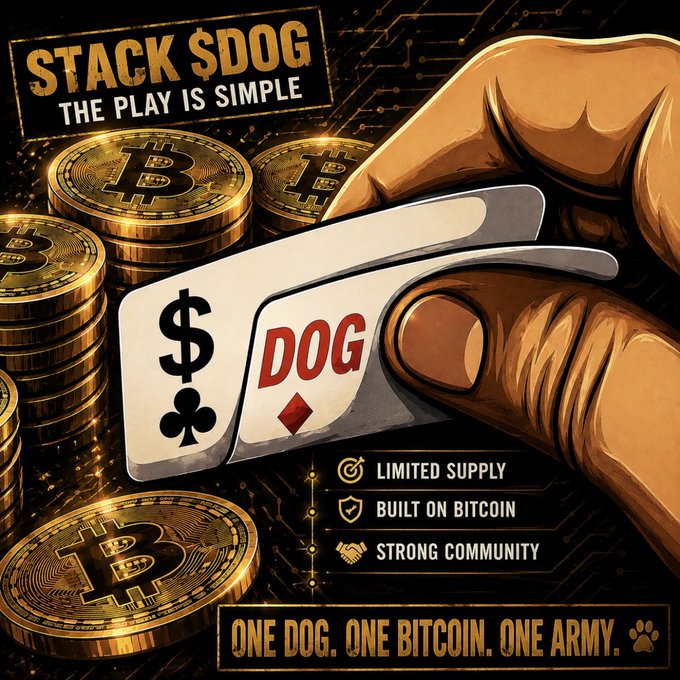 A cryptocurrency promotional graphic for 'STACK $DOG' featuring the tagline 'THE PLAY IS SIMPLE', Bitcoin coins, and a hand holding playing cards showing a dollar sign and 'DOG', with text listing 'LIMITED SUPPLY', 'BUILT ON BITCOIN', 'STRONG COMMUNITY', and 'ONE DOG. ONE BITCOIN. ONE ARMY.'