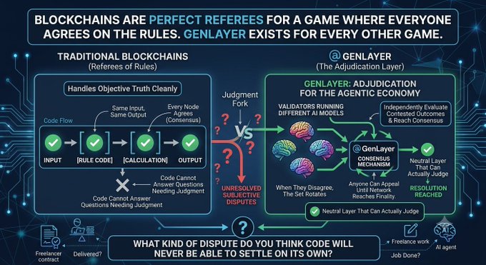 An infographic comparing traditional blockchains to GenLayer, showing traditional blockchains as "referees of rules" that handle objective truth through code flow (Input → Rule Code → Calculation → Output) but fail at subjective disputes ("Did the freelancer deliver?" "Job done?"), while GenLayer serves as an "Adjudication Layer for the Agentic Economy" where validators run different AI models to reach consensus on subjective questions, allowing anyone to appeal until network resolution is reached.
