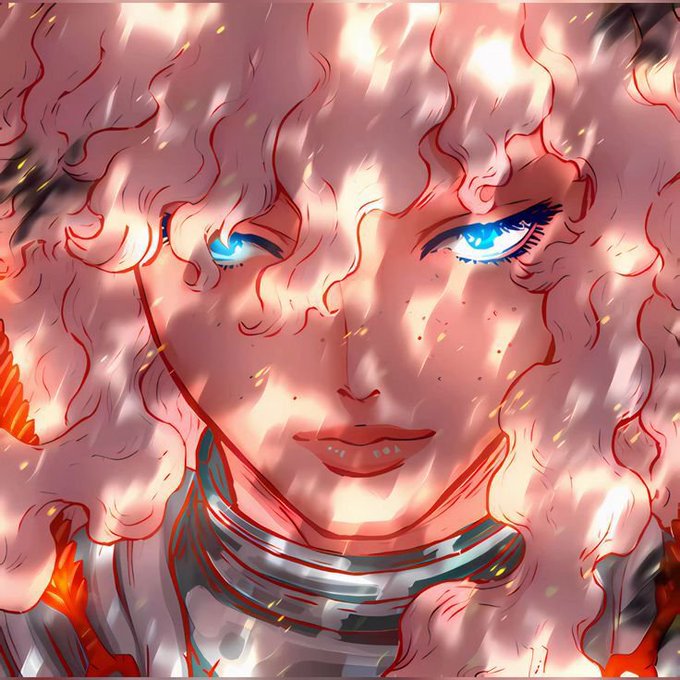 An anime-style illustration depicts a close-up of a character with wavy white-pink hair, glowing blue eyes, and a serious expression amidst fiery, dynamic effects.