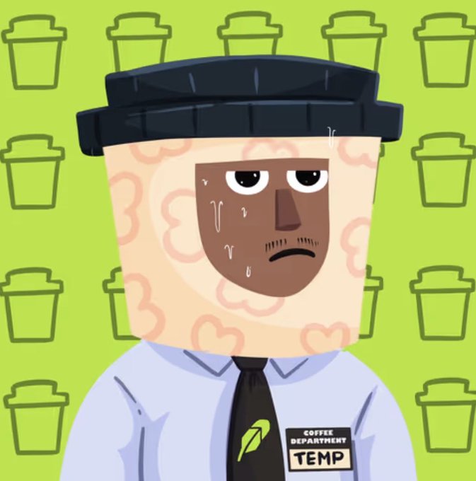 A stressed cartoon coffee cup-headed character sweats nervously against a green background patterned with coffee cup icons. His name tag reads "COFFEE DEPARTMENT TEMP," visually representing the "Temp Agency" NFT concept mentioned in the post about building AI agents through a free mint collection on Robinhood Chain.