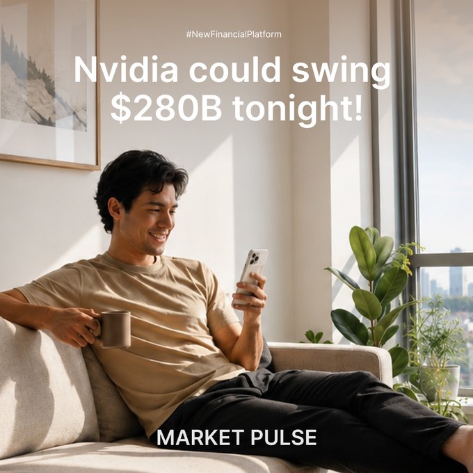 A smiling man relaxes on a couch with a coffee mug and phone, overlaid with text reading "#NewFinancialPlatform," "Nvidia could swing $280B tonight!," and "MARKET PULSE," visually reinforcing the post's alert about Nvidia's earnings release and its massive potential $280 billion market impact.