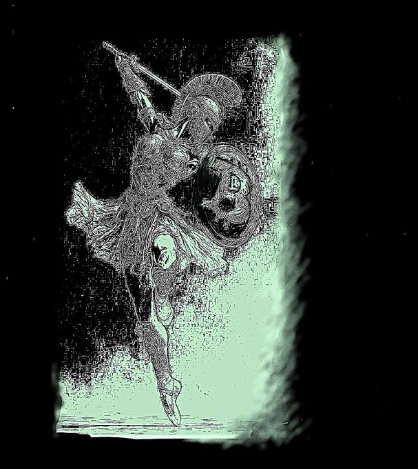 A dark, atmospheric illustration of a warrior or knight figure in armor wielding a sword and shield, rendered in green and black tones against a textured background.