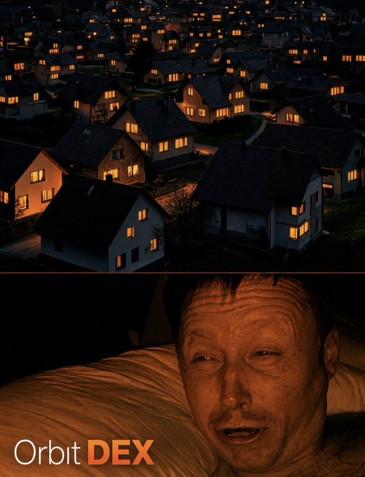 A two-panel promotional graphic for 'Orbit DEX' showing an aerial view of a suburban neighborhood at dusk on top and a man's face lit up by screen glow in bed below.