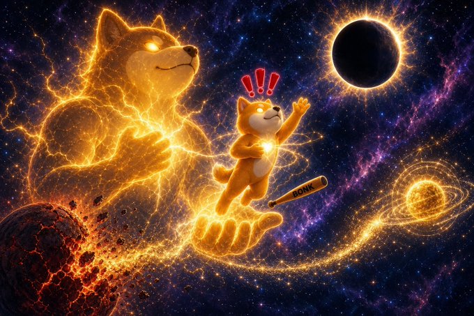 A cosmic digital artwork featuring a giant glowing golden Shiba Inu holding a smaller Shiba Inu astronaut with red exclamation marks above its head, floating through space near a solar eclipse and a fiery planet.
