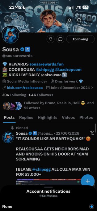 Twitter/X profile page for 'Sousa' (@sousarewards), a social media influencer with 1.4K followers, promoting code 'SOUSA' for deposits and a pinned post about neighbors being disturbed by loud screaming.