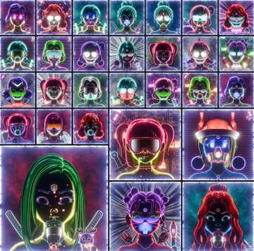 A grid of colorful neon-style illustrations featuring various stylized female faces, eyes, and figures in vibrant pink, blue, green, and purple hues.