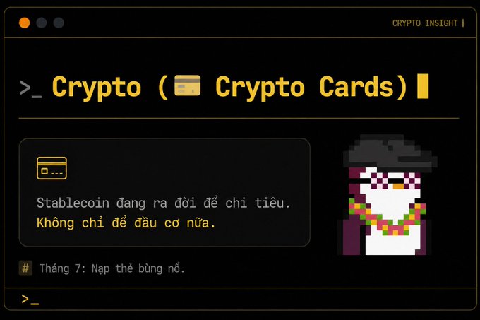A terminal-style graphic titled "Crypto (Crypto Cards)" features a pixel art character wearing a hat and purple sunglasses with a gold chain, alongside Vietnamese text about stablecoins.