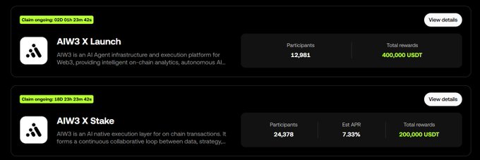 A platform interface showing two campaign sections: 'AIW3 X Launch' with 12,981 participants and 400,000 USDT in rewards, and 'AIW3 X Stake' with 24,378 participants and 200,000 USDT in rewards.