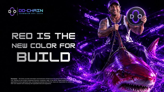 A promotional banner for 'DO-CHAIN CONSUMAWAY DEFI CHAIN' reads 'RED IS THE NEW COLOR FOR BUILD' and shows a man riding a red shark while holding the DO Chain logo.