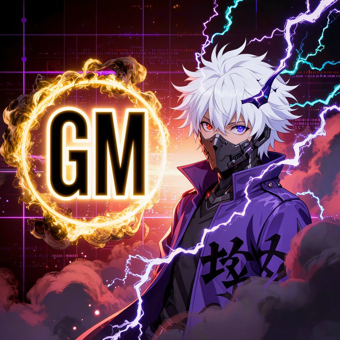 An anime-style digital artwork featuring a white-haired character with heterochromia (red and blue eyes) wearing a mask and purple jacket, next to a flaming 'GM' emblem surrounded by lightning.