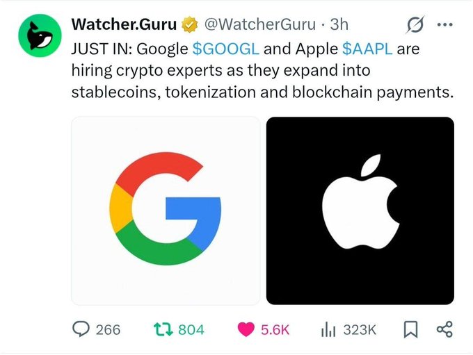 A tweet from Watcher.Guru reporting that Google $GOOGL and Apple $AAPL are hiring crypto experts for stablecoins, tokenization, and blockchain payments, featuring their logos.