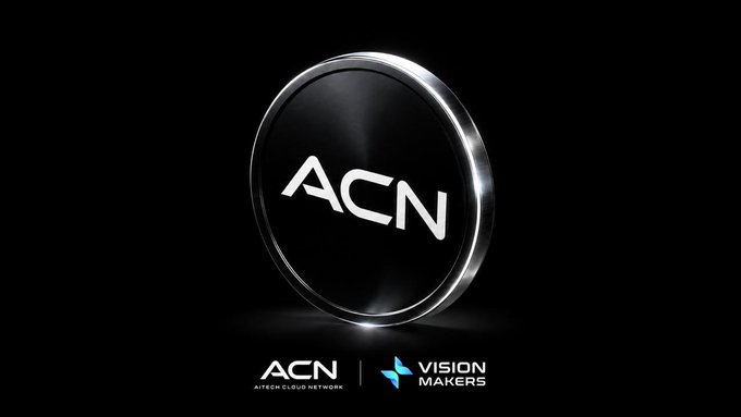 A dark logo screen displaying a metallic circular badge with the letters 'ACN', alongside 'ACN AIxESS CLOUD NETWORK' and 'VISION MAKERS' text.