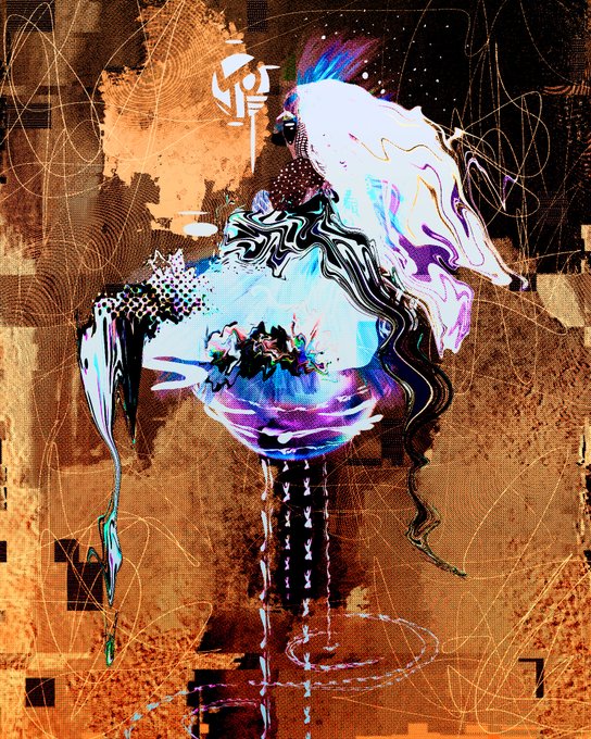 A glitchy, abstract digital artwork featuring a distorted figure with flowing iridescent purple and blue forms against a textured orange and brown background.