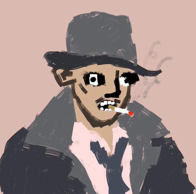 Digital painting/illustration of a man wearing a black bowler hat and dark coat, smoking a cigarette, with wide eyes and a sketchy, expressive art style on a peach background.