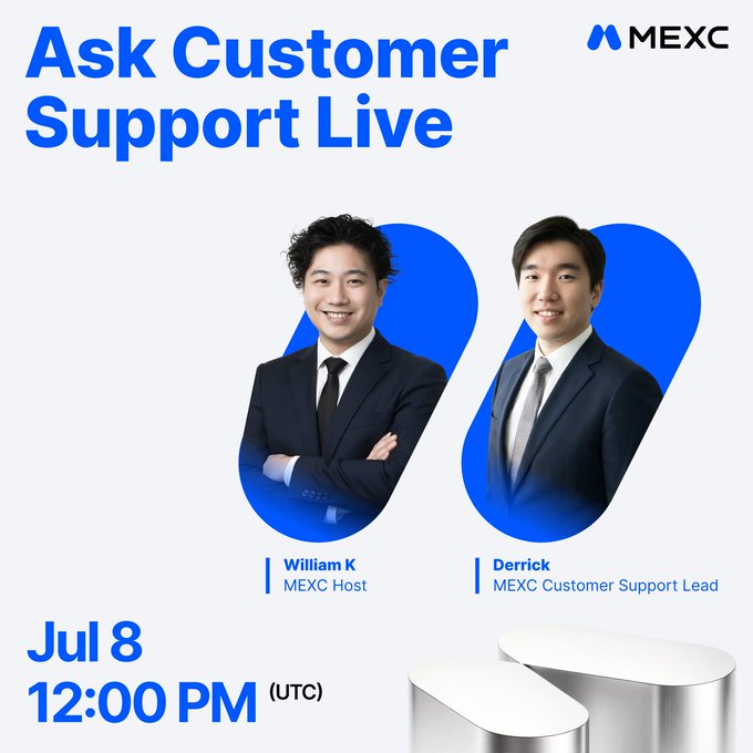 A promotional graphic for a "Customer Support Live" event on July 8 at 12:00 PM (UTC), featuring MEXC host William K and MEXC Customer Support Lead Derrick in blue accent frames, with MEXC branding and a 200 USDT airdrop giveaway for live participants who subscribe to MEXC's YouTube and reply with their subscription screenshot and UID.