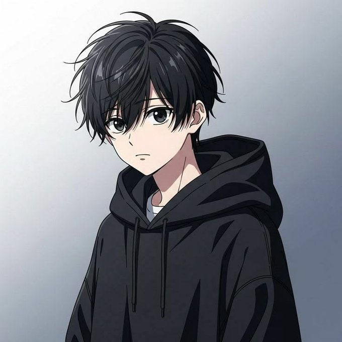 An anime-style illustration of a young man with messy black hair wearing a dark hoodie, depicted against a gray background.