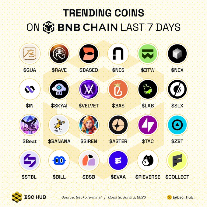 Infographic titled 'TRENDING COINS ON BNB CHAIN LAST 7 DAYS' by BSC HUB, displaying 24 trending tokens including $GUA, $RAVE, $BASED, $NES, $BTW, $NEX, $IN, $SKYAI, $VELVET, $BAS, $LAB, $SLX, $Beat, $BANANA, $SIREN, $ASTER, $TAC, $ZBT, $STBL, $BILL, $BSB, $EVAA, $PIEVERSE, and $COLLECT. Source: GeckoTerminal, Updated July 3rd, 2026.