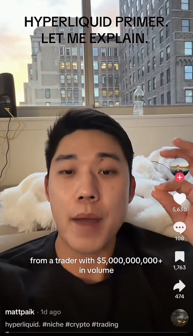A TikTok video by @mattpaik with the title "HYPERLIQUID PRIMER. LET ME EXPLAIN" and caption "from a trader with $5,000,000,000+ in volume" tags #hyperliquid, #niche, #crypto, and #trading, suggesting a novice-friendly explainer on the Hyperliquid decentralized exchange. This aligns with the poster's note that the content went viral on TikTok, signaling that Hyperliquid is gaining mainstream attention ahead of a potential HyperEVM meme season involving tokens like $egg.