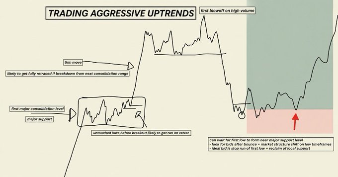 A hand-drawn trading chart titled 'TRADING AGGRESSIVE UPTRENDS' showing price action patterns with annotations like 'first major consolidation level,' 'major support,' 'thin move,' 'first blowoff on high volume,' and 'can wait for first low to form near major support level.'