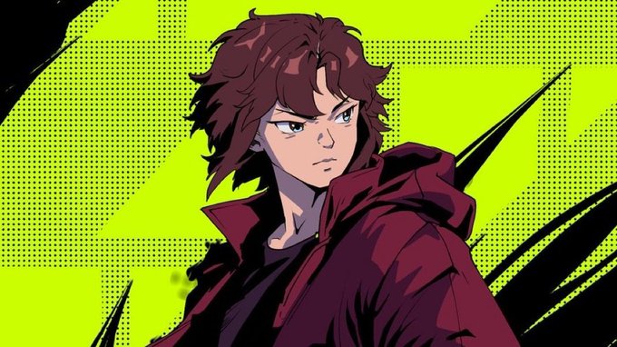 Anime-style illustration of a character with brown messy hair wearing a dark red hooded jacket against a bright green halftone patterned background.