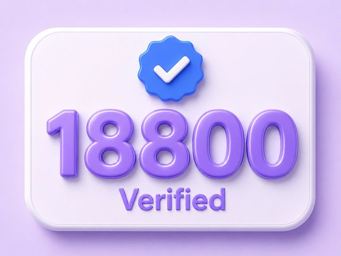 3D-rendered badge on a purple background displaying the number '18800' in large purple numerals with a blue verification checkmark seal and the word 'Verified' beneath.