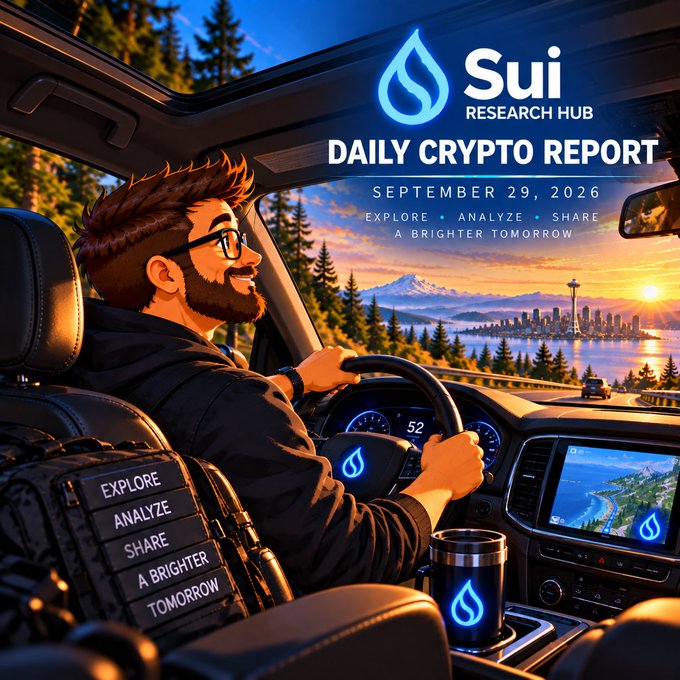 An illustrated man with glasses and a beard drives a car toward a city skyline (featuring the Space Needle) at sunset, with text reading 'Sui RESEARCH HUB DAILY CRYPTO REPORT SEPTEMBER 29, 2026 EXPLORE • ANALYZE • SHARE A BRIGHTER TOMORROW'.