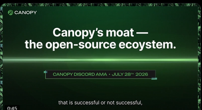 A dark green Canopy presentation slide reads “Canopy’s moat — the open-source ecosystem.” It also announces “Canopy Discord AMA • July 28th, 2026,” with Canopy branding and a Canopy logo in the corner.
