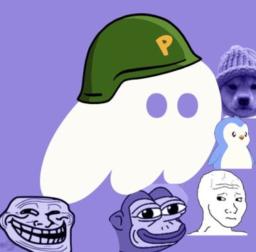 A purple background featuring a cartoon ghost character wearing a green 'P' helmet, surrounded by various popular internet meme faces including a troll, a monkey, a penguin, and a dog.