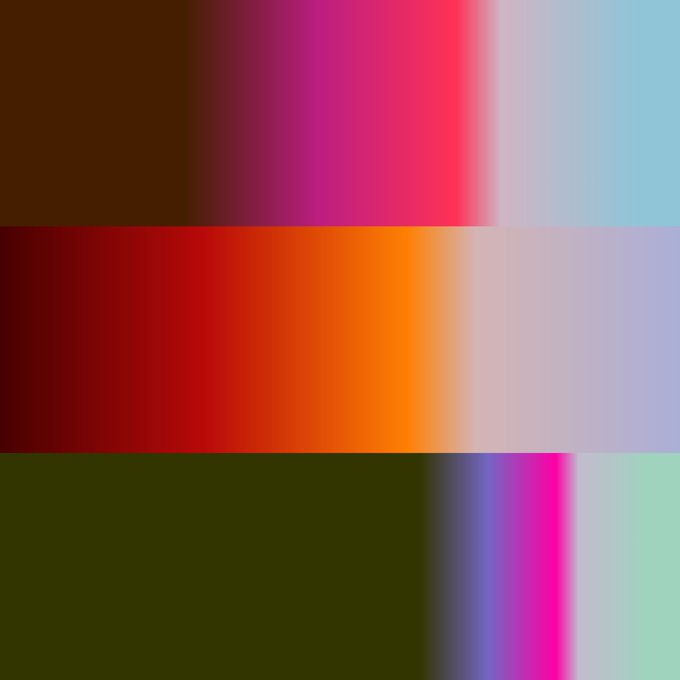 An abstract digital composition featuring horizontal and vertical bands of gradient colors including brown, red, pink, light blue, olive green, and lavender.