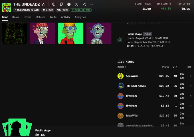 A screenshot of 'THE UNDEADZ' NFT minting page on Robinhood Chain showing a public stage mint at $0.65 with live mints data.