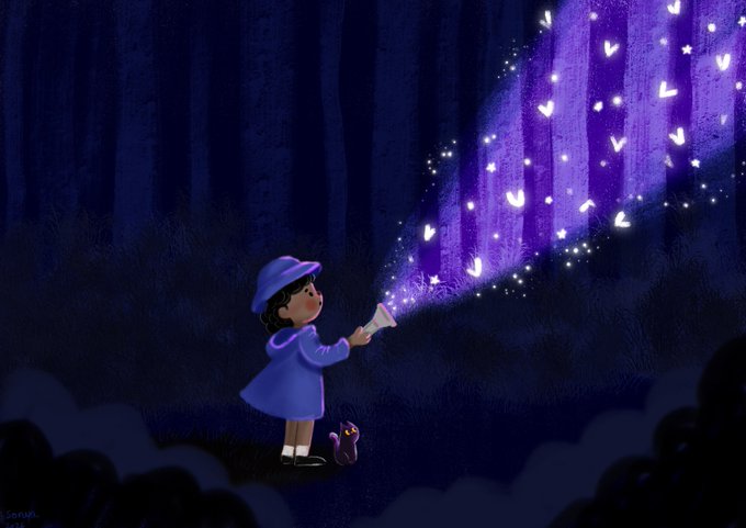 A digital painting depicting a young girl in a purple coat and beret holding a glowing flashlight that releases butterflies and sparkles into a dark forest, with a small black cat beside her.