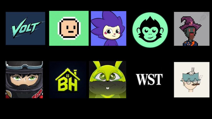 A collage displays ten NFT project logos, including "Volt," a pixelated face, a purple-haired character, a monkey mascot, a wizard with "WST," "BH," a green bunny, and a bespectacled character, representing the collections featured in the accompanying tweet.