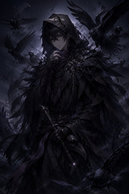 A dark fantasy illustration of a hooded figure surrounded by a flock of black crows, with a raven-headed staff in hand.