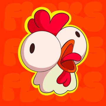 A white cartoon chicken with large bulging eyes, an open beak, and a red comb is centered against an orange background featuring faint "FLOKS" watermarks, representing the Floks project mentioned in the post about today's meme coin mints.
