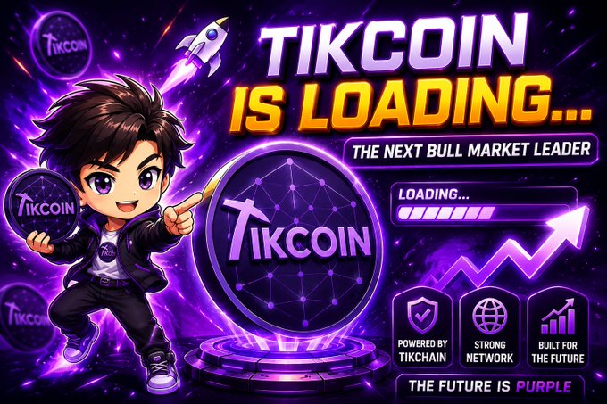 A vibrant purple-themed promotional graphic featuring a cartoon mascot holding a TikCoin token, with bold text reading "TIKCOIN IS LOADING... THE NEXT BULL MARKET LEADER" alongside a loading progress bar and an upward trending arrow. The image ties to the post's teaser about $TIK's upcoming launch, visually emphasizing the "loading" phase and bullish momentum through the TikChain partnership features displayed at the bottom.