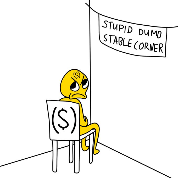 A cartoon drawing of an angry yellow character with a dollar sign on its face sitting at a chair also marked with a dollar sign, in a corner labeled 'STUPID DUMB STABLE CORNER.'