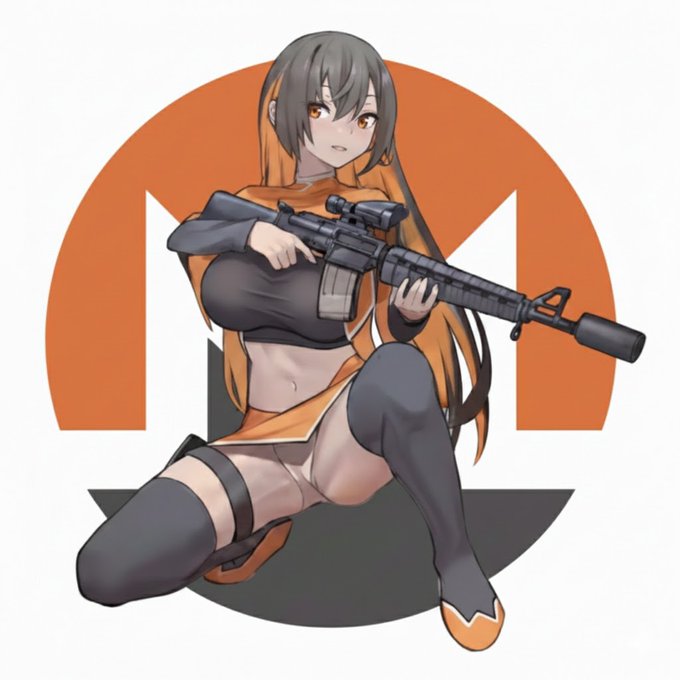 An anime-style illustration of a female character with orange and gray hair holding a black assault rifle, kneeling against an orange and white circular logo.