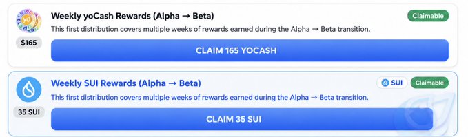 Two reward claim cards showing 'Weekly yoCash Rewards (Alpha → Beta)' for 165 YOCASH and 'Weekly SUI Rewards (Alpha → Beta)' for 35 SUI, both marked as Claimable.