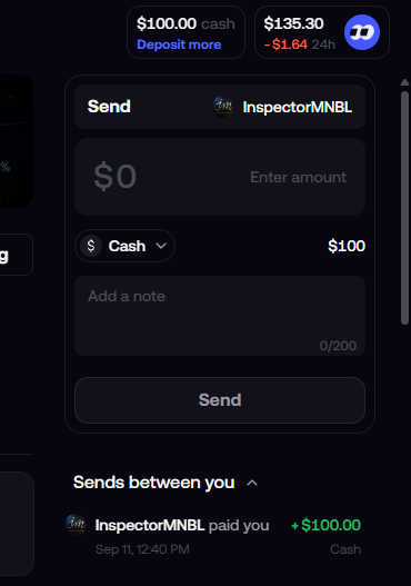 A screenshot of a digital payment interface showing a Cash App-style transaction of $100 sent to "InspectorMNBL", with a balance of $100.00 cash and $135.30 in another currency showing a -$1.64 24h change.
