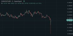 A cryptocurrency trading chart for CASH/CATUS - S on Hyperliquid shows a price of 0.16787, illustrating a recent sharp downward trend.