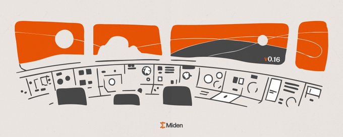 A stylized illustration of a control panel with multiple windows, featuring the logo 'Miden' and the version number 'v.0.16' at the bottom.