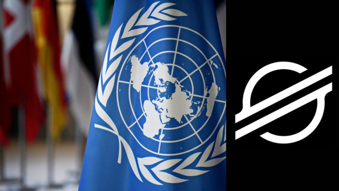 The image shows the United Nations flag alongside the Stellar logo, visually representing the partnership mentioned in the post about the UN expanding its $10 billion blockchain humanitarian aid program using XLM cryptocurrency for transparent aid delivery to displaced populations.