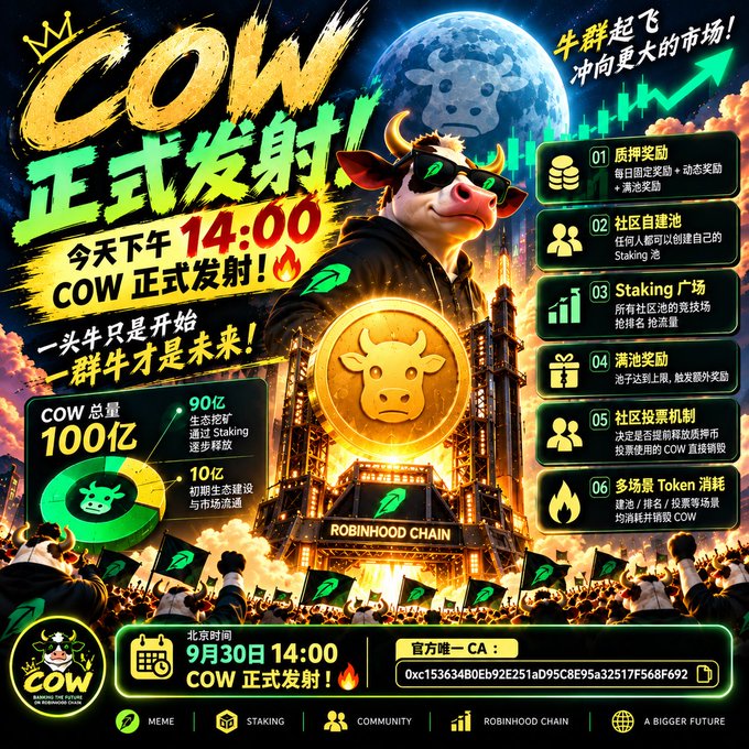 A promotional graphic for COW token launching at 14:00 Beijing time on September 30th on RobinHood Chain, featuring a bull mascot and details about token distribution, staking, and community rewards.