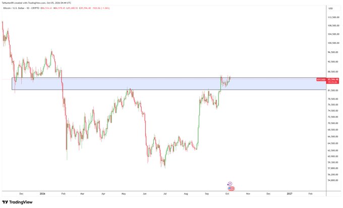 A TradingView candlestick chart of BTCUSD shows Bitcoin's price action with a highlighted resistance zone around $80,000-$85,000 spanning from late 2025 into 2026.