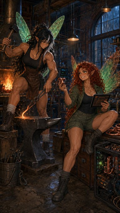 A fantasy digital illustration of two muscular fairy women with glowing wings in a blacksmith's forge; one works at an anvil while the other, with red curly hair, sits holding a tablet.