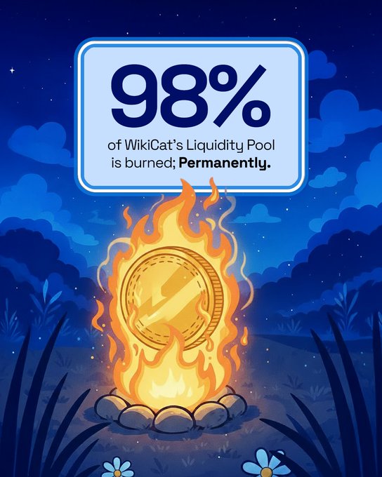 A golden coin engulfed in flames sits on a campfire under a starry night sky, with a sign above reading "98% of WikiCat's Liquidity Pool is burned. Permanently." The fiery imagery reinforces the post's message that 98% (not 90%) of WikiCat's liquidity pool tokens have been permanently burned, emphasizing the irreversible nature of the burn event.