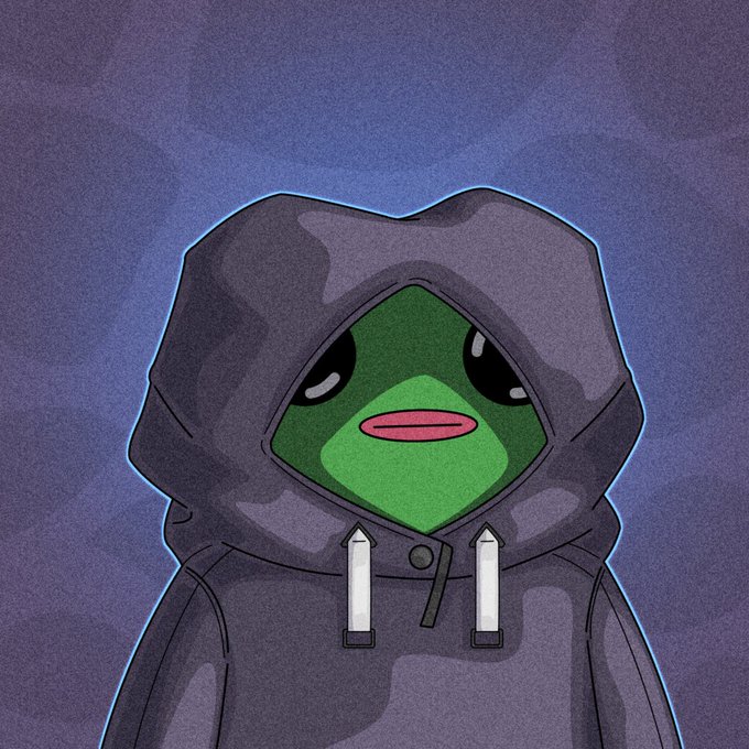 A digital illustration of Pepe the Frog wearing a dark gray camouflage hoodie with white drawstrings, set against a dark, textured background with a faint blue outline.