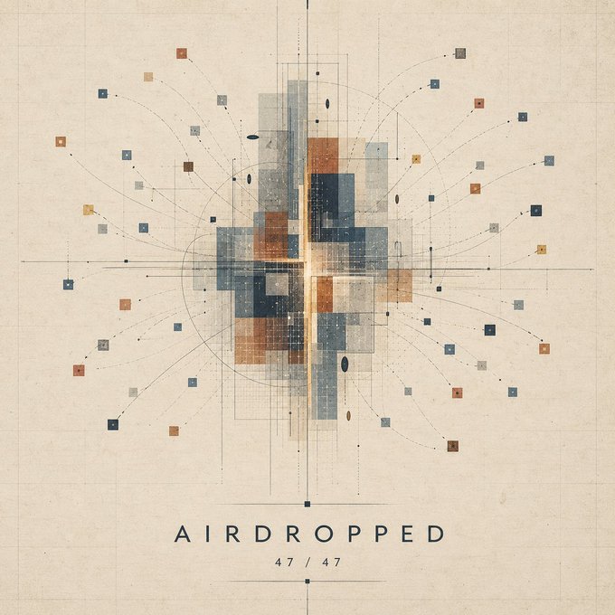 An abstract geometric artwork featuring a central composition of blue, orange, and gray rectangles with radiating lines and small squares, titled 'AIRDROPPED 47 / 47' at the bottom.