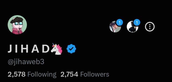 A Twitter/X profile for 'JIHAD 🦄' (@jihaweb3) with a verified blue check, showing 2,578 Following and 2,754 Followers.